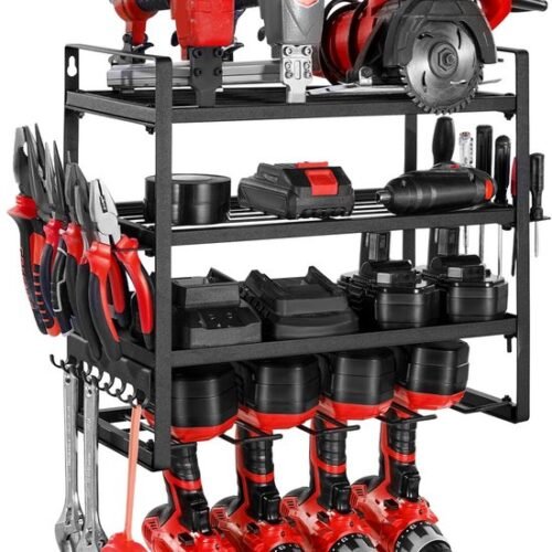 550x719-2.jpg Unyqoos® Wandgemonteerd opbergrek met boor- en gereedschapshouders voor garage en werkplaats