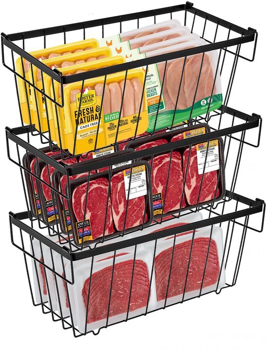 Unyqoos® Set van drie metalen draadmanden met handvatten voor koelkast en keuken