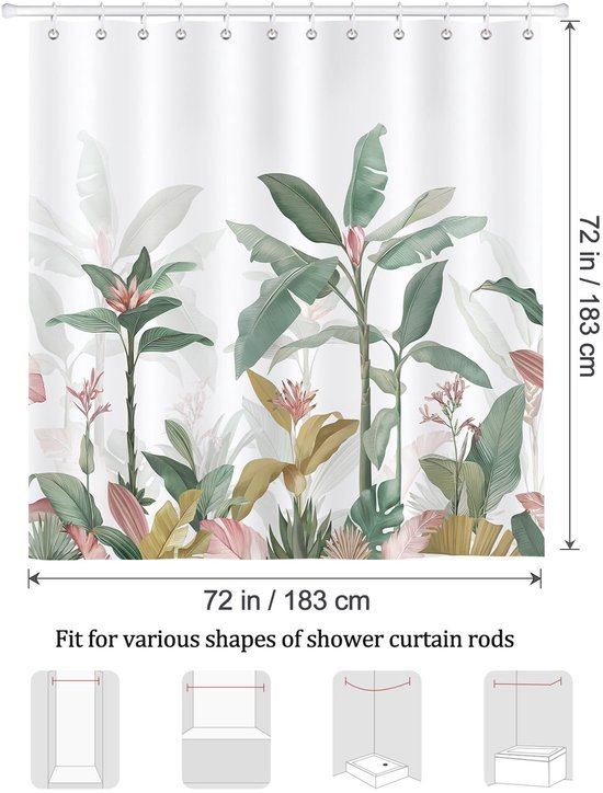 Unyqoos® Schimmelwerend Douchegordijn met Tropische Bladeren en Plantenprint, 180 x 180 cm, Inclusief Haken