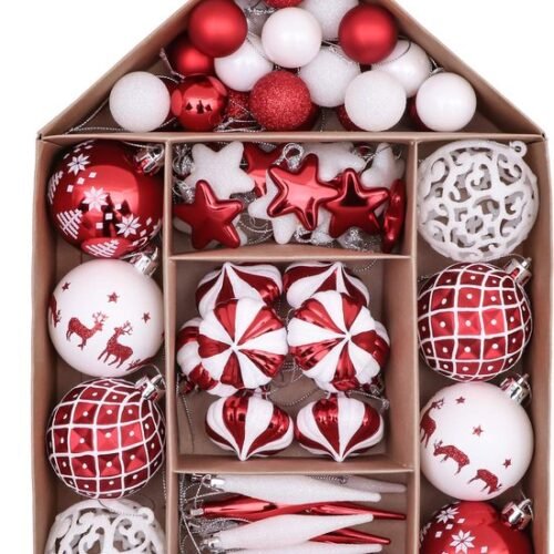 Unyqoos® Complete set van 70 onbreekbare kerstballen in rood en wit voor feestelijke decoratie