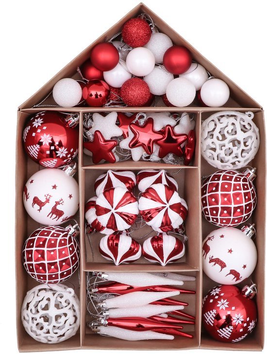 Unyqoos® Complete set van 70 onbreekbare kerstballen in rood en wit voor feestelijke decoratie