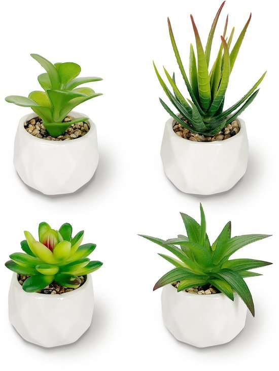 Unyqoos ® Set van 4 Decoratieve Mini Kunstplanten in Keramische Potten voor Diverse Interieurstijlen
