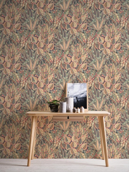 Unyqoos® Hoogwaardig bloemenbehang met palmbladmotief in warme kleuren voor woonkamer, geel-roud-groente-bruin