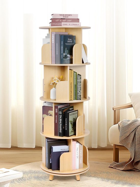 Unyqoos® Buitengewoon Praktisch 360° Draaibaar Boekenrek met Vier Niveau's en Vier Stevige Poten in Natuurlijke Kleur