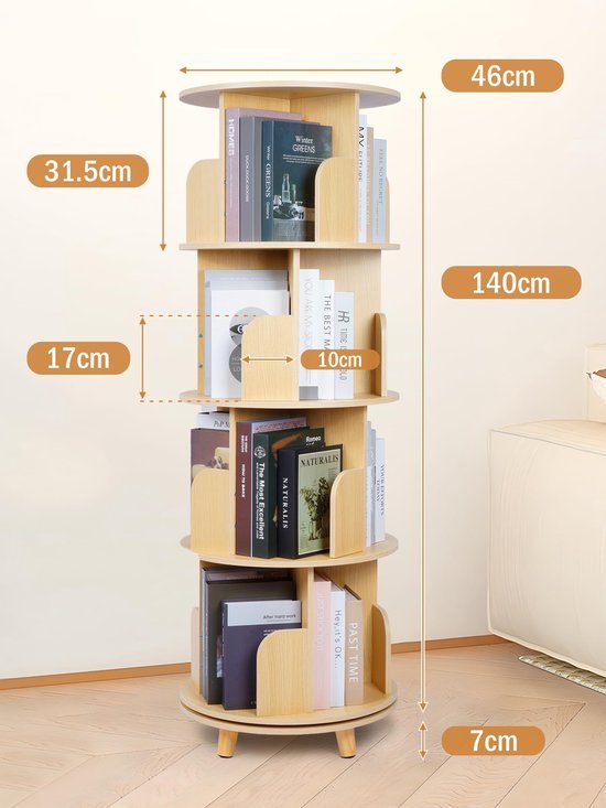 Unyqoos® Buitengewoon Praktisch 360° Draaibaar Boekenrek met Vier Niveau's en Vier Stevige Poten in Natuurlijke Kleur
