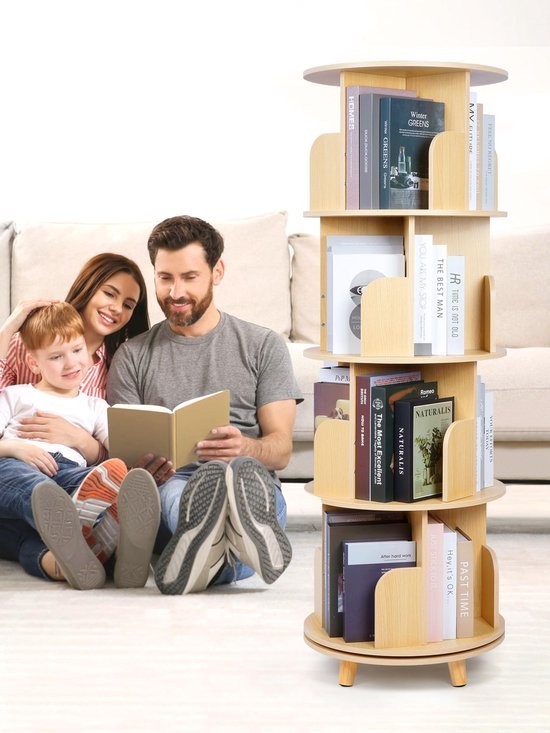 Unyqoos® Buitengewoon Praktisch 360° Draaibaar Boekenrek met Vier Niveau's en Vier Stevige Poten in Natuurlijke Kleur