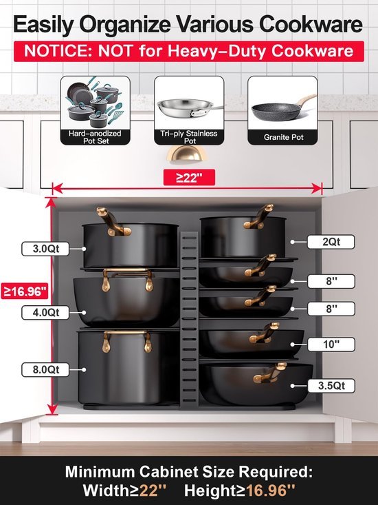 Unyqoos® Verstelbare pot- en pannen-organizer voor efficiënte keukenopslag