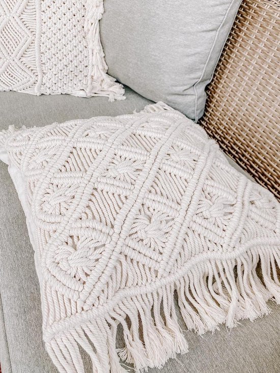 Macramé Kussenhoes, Decoratief Kussen, 45 x 45 cm, Set van 2, Boho Kussen, Beige voor Sofa, Woonkamer, Slaapkamer, Vintage Kussenhoes, 100% Katoen
