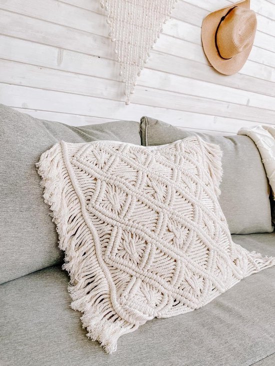 Macramé Kussenhoes, Decoratief Kussen, 45 x 45 cm, Set van 2, Boho Kussen, Beige voor Sofa, Woonkamer, Slaapkamer, Vintage Kussenhoes, 100% Katoen