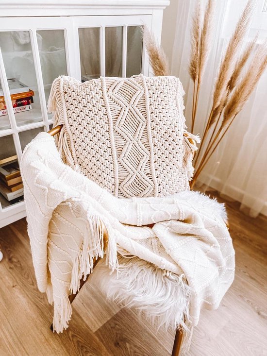 Macramé Kussenhoes, Decoratief Kussen, 45 x 45 cm, Set van 2, Boho Kussen, Beige voor Sofa, Woonkamer, Slaapkamer, Vintage Kussenhoes, 100% Katoen