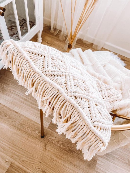 Macramé Kussenhoes, Decoratief Kussen, 45 x 45 cm, Set van 2, Boho Kussen, Beige voor Sofa, Woonkamer, Slaapkamer, Vintage Kussenhoes, 100% Katoen