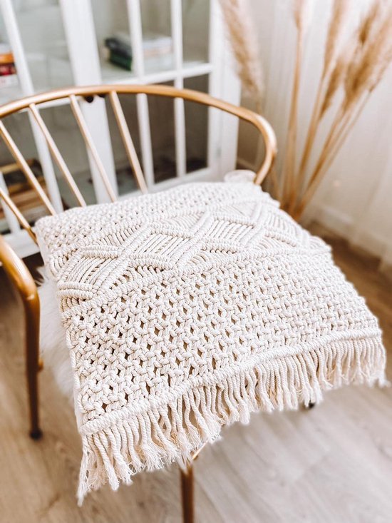 Macramé Kussenhoes, Decoratief Kussen, 45 x 45 cm, Set van 2, Boho Kussen, Beige voor Sofa, Woonkamer, Slaapkamer, Vintage Kussenhoes, 100% Katoen