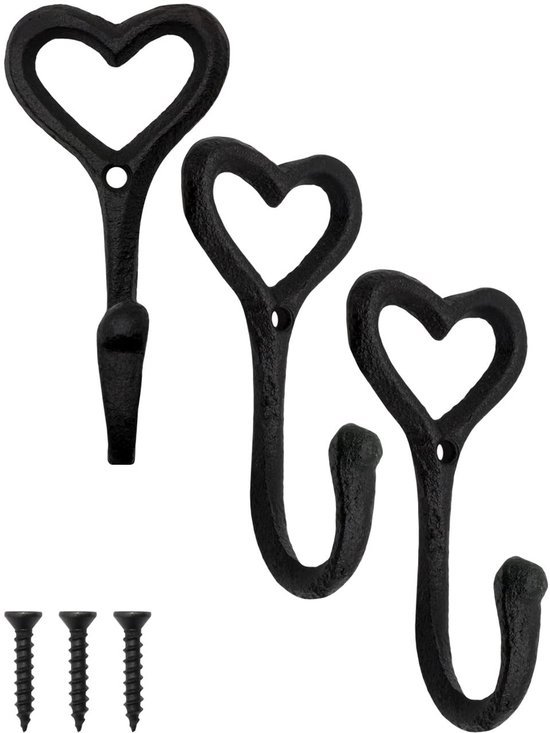 Unyqoos® Decoratieve zwarte gietijzeren haken met hartdesign voor landelijke inrichting