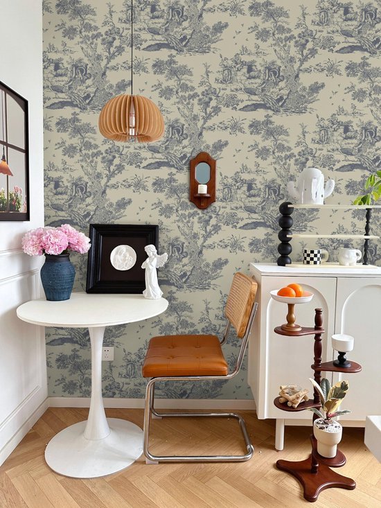 Unyqoos® Zelfklevend vintage behang met dieren en planten in beige en blauw