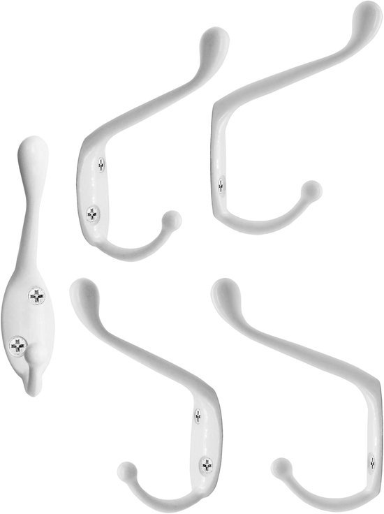 Unyqoos® Set van 5 veelzijdige witte haken voor kleding en handdoeken in vintage stijl