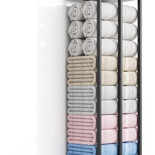 Unyqoos® Ruime zwarte wandhanddoekhouder met houten plank voor badkameropslag