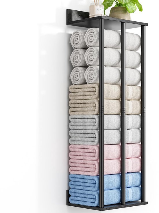 550x738-1.jpg Unyqoos® Ruime zwarte wandhanddoekhouder met houten plank voor badkameropslag