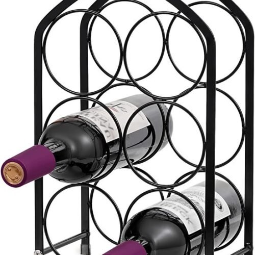 Unyqoos® Compact en stijlvol wijnrek voor zes flessen met houten handgreep