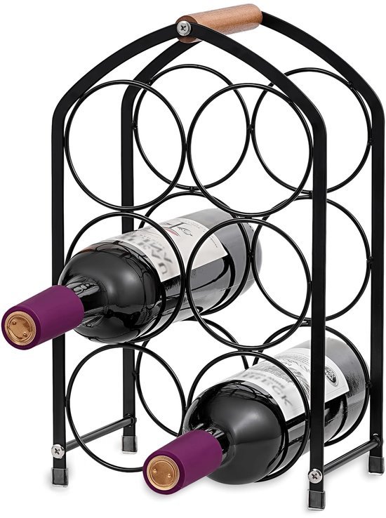 Unyqoos® Compact en stijlvol wijnrek voor zes flessen met houten handgreep