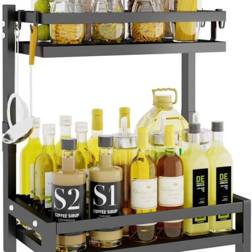 Unyqoos® Stijlvol Zwart Metalen Keukenrek met Haken voor Kruiden en Keukengerei