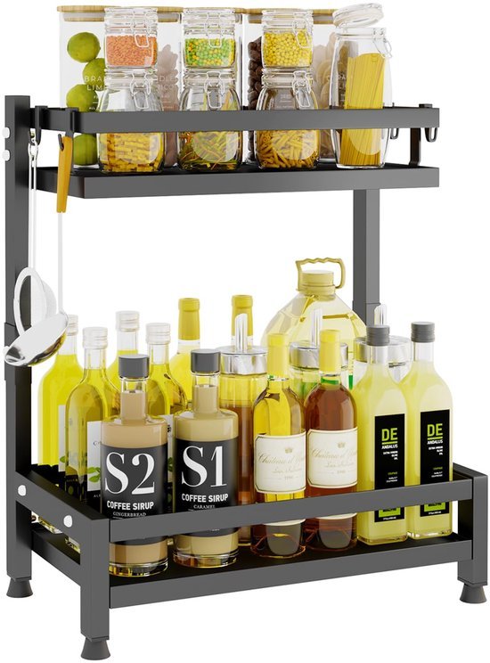 Unyqoos® Stijlvol Zwart Metalen Keukenrek met Haken voor Kruiden en Keukengerei