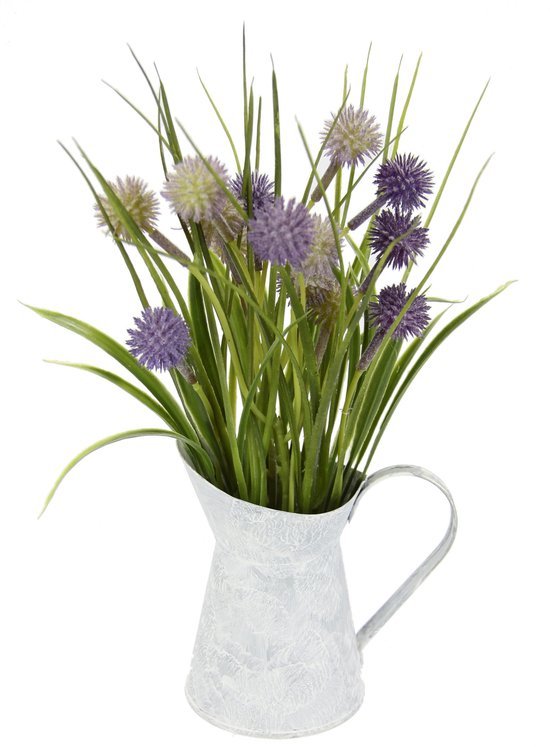 Unyqoos® Decoratief kunstgras arrangement met Allium bloemen in metalen kan