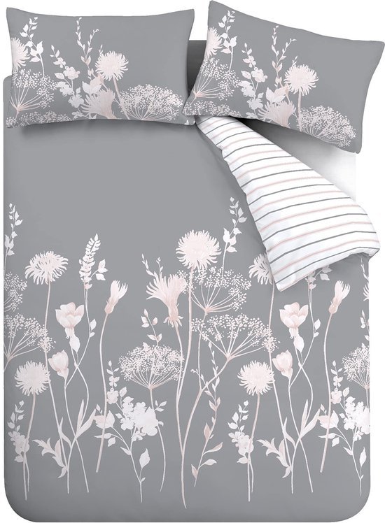 Unyqoos® Enkel Dekbedovertrek Set met Bloemenprint en Kussenslopen in Roze en Grijs