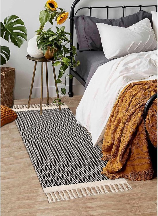 Unyqoos® Stijlvol katoenen boho tapijt met visgraatpatroon en kwasten 60x130 cm