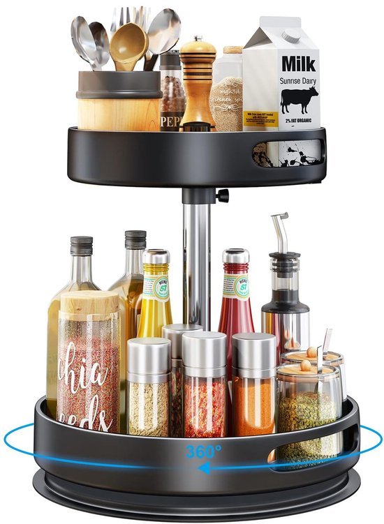 Unyqoos® Roterend Keukenrek en Organizer in Zwart Roestvrij Staal voor Kruiden en Meer