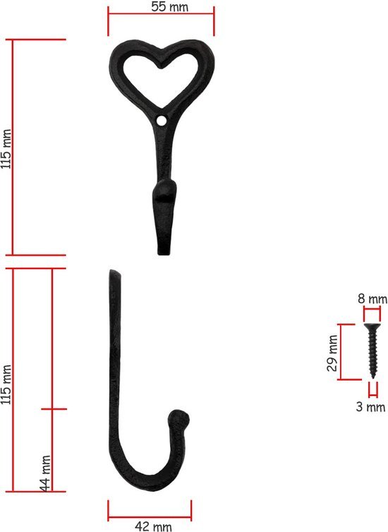 Unyqoos® Decoratieve zwarte gietijzeren haken met hartdesign voor landelijke inrichting