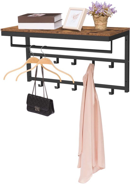 Unyqoos® Wandgemonteerde Kapstok met Plank en 10 Haken voor Diverse Ruimtes 80x30x42 cm