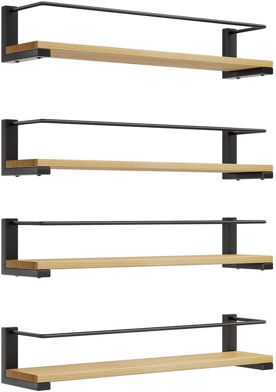 Unyqoos ® Kruidenrekken Set van 4 voor Wandmontage in Keuken en Meer, Grenenhout en Metaal, 40 x 9 cm