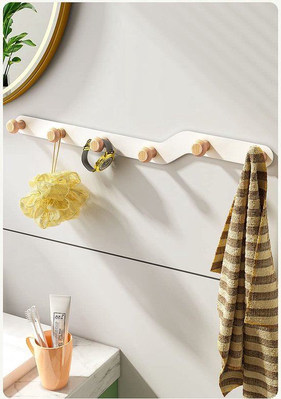 Unyqoos ® Stijlvolle Crèmekleurige Wandkapstok met Vijf Houten Haken voor Verschillende Kamers