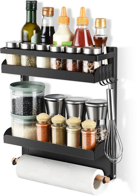 550x780-4.jpg Unyqoos ® Multifunctioneel Magnetisch Keukenrek met Dubbele Opberglagen en Handdoekhouder