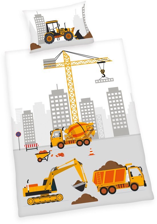 Unyqoos® Beddengoedset voor Kinderen met Bouwplaats Motief - 100% Katoen, Ademend en Onderhoudsvriendelijk