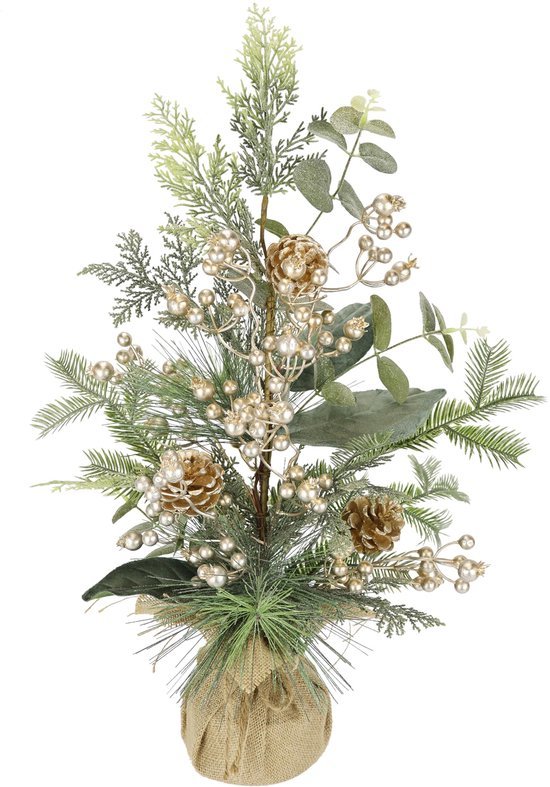 Unyqoos® Kersttafeldecoratie met kunstconiferen en natuurlijke elementen in jute pot