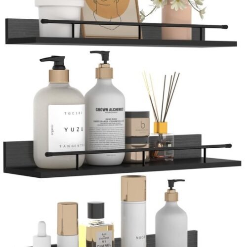 Unyqoos ® Stijlvolle Zwarte Houten Wandplankenset met Metalen Leuningen voor Diverse Kamers, 3 Verschillende Maten