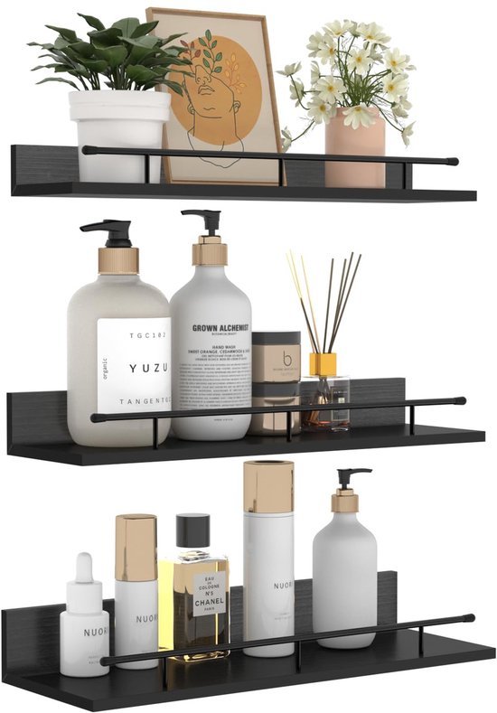 Unyqoos ® Stijlvolle Zwarte Houten Wandplankenset met Metalen Leuningen voor Diverse Kamers, 3 Verschillende Maten