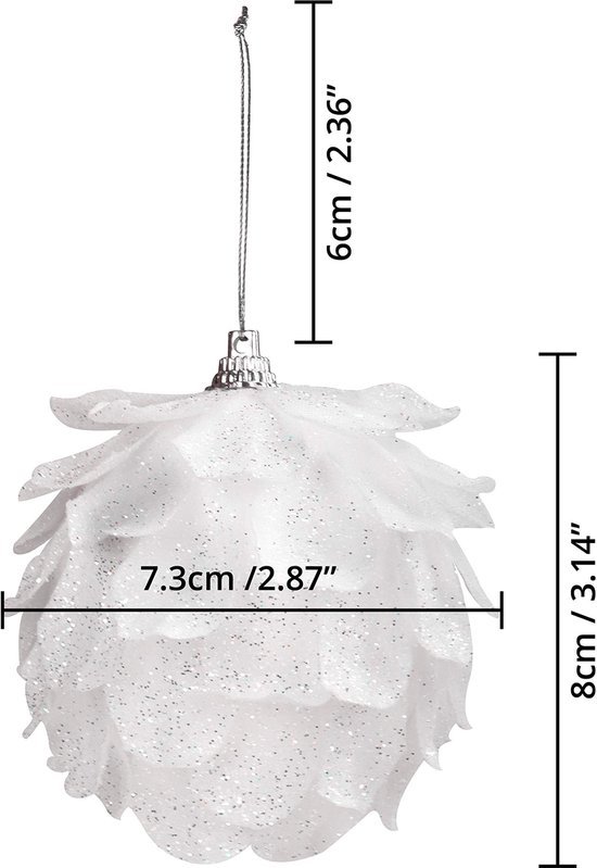 Unyqoos ® Kerstboomversiering dennenappels (4 stuks) - glitterdennenappels - kerstdecoratie zilver met draad - kerstboomversiering wit - kerstboomversiering, wit