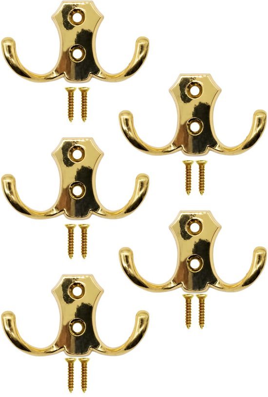 Unyqoos® Set van 5 gouden dubbele haken voor veelzijdig gebruik in huis