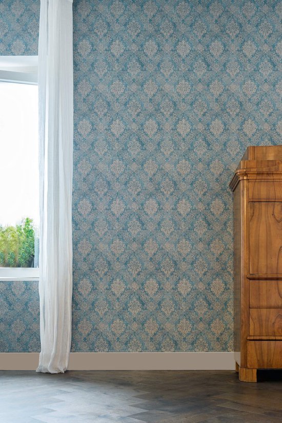 550x823-2.jpg Unyqoos® Stijlvol Vliesbehang met Barok Bloemenpatroon en Metallic Accenten, bruin-blauw