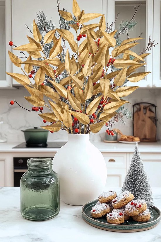 Unyqoos® Set van 3 decoratieve gouden kunst eucalyptus takken voor feestelijke decoratie