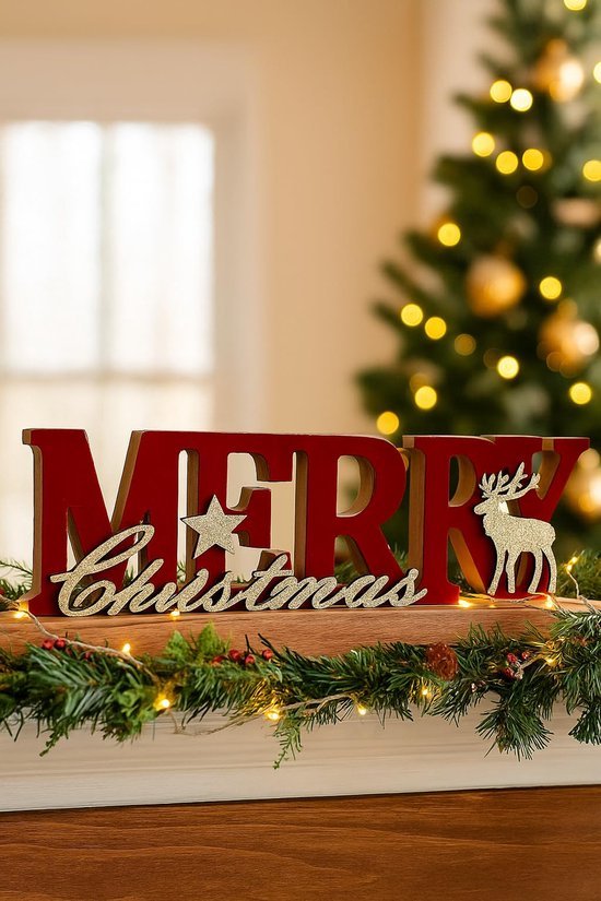 Unyqoos® Feestelijke houten kerstdecoratie met rode en gouden letters en rendier
