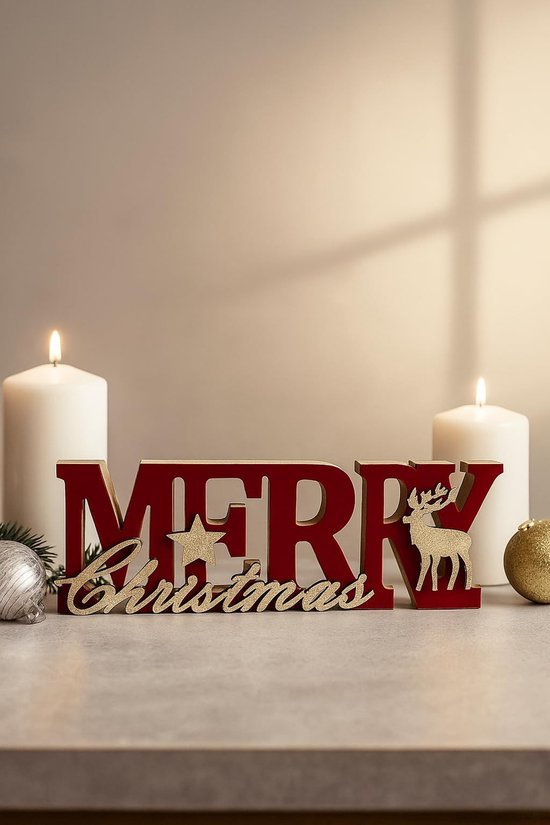 Unyqoos® Feestelijke houten kerstdecoratie met rode en gouden letters en rendier