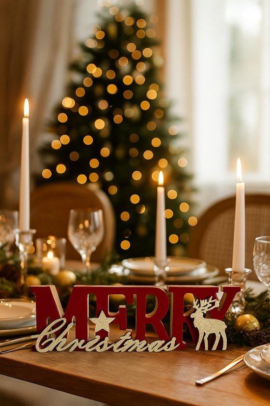 Unyqoos® Feestelijke houten kerstdecoratie met rode en gouden letters en rendier