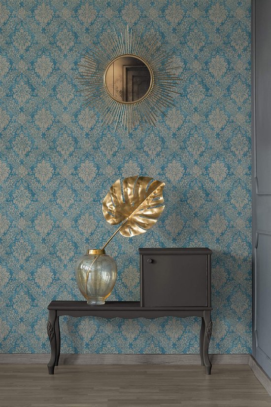550x825-61.jpg Unyqoos® Stijlvol Vliesbehang met Barok Bloemenpatroon en Metallic Accenten, bruin-blauw