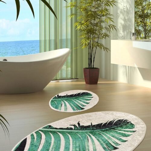 Unyqoos® Zachte en Antislip Ovale Badkamertapijtenset met Modern Veerontwerp, 2-delig, Waterabsorberend