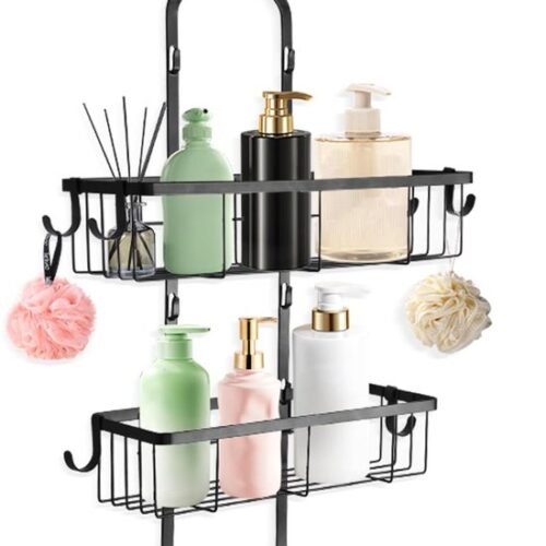 Unyqoos® 3-laags Hangende Doucheplank zonder Boren met Zeepbakje en 6 Haken voor Badkameropslag