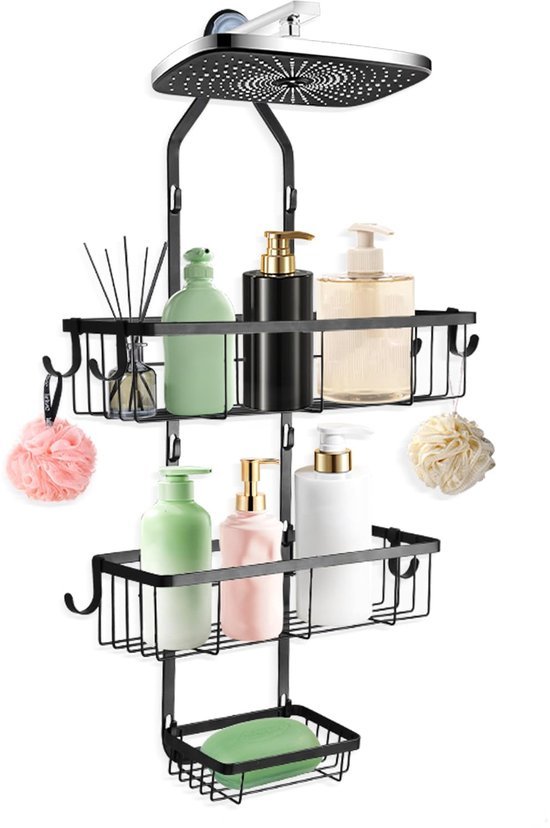 Unyqoos® 3-laags Hangende Doucheplank zonder Boren met Zeepbakje en 6 Haken voor Badkameropslag