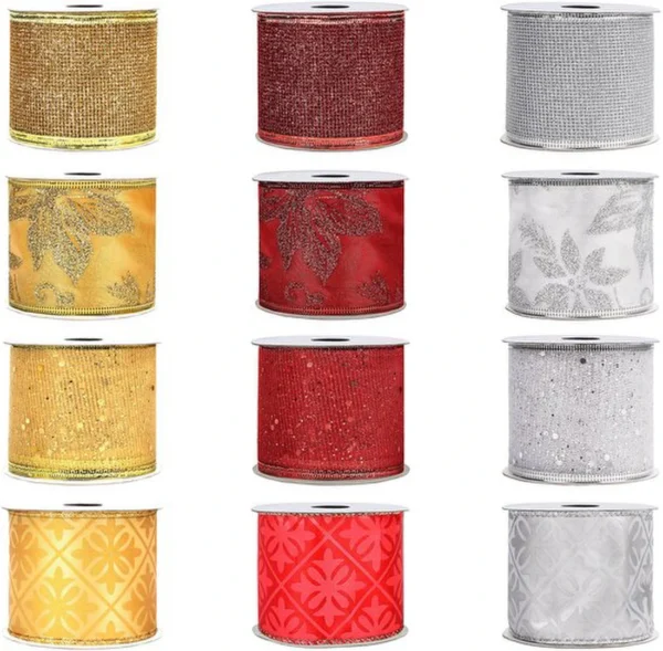Unyqoos ® Feestelijke Decoratieve Strikkenband Set voor Kerst en Geschenken - 12 Stuks in Rood, Zilver en Goud
